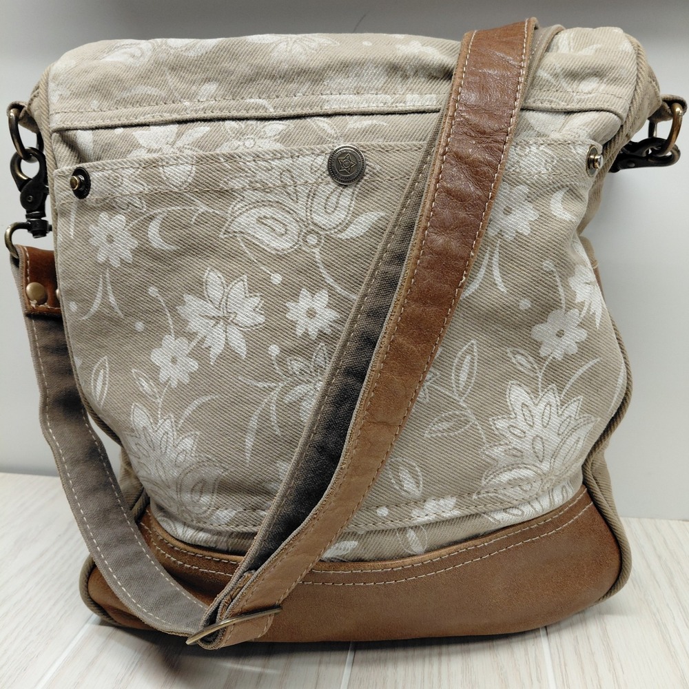 Neutral Floral Canvas Crossbody Bag with Brown Trim
